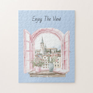 Pink Window City View Jigsaw Puzzle