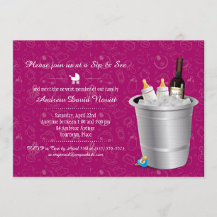 Pink Wine and Baby Bottles Sip and See Baby Shower Invitation