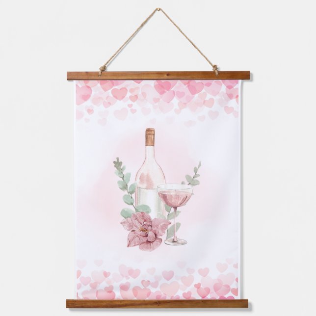 Pink Wine Bottle with Wine Glass  Hanging Tapestry (Front)
