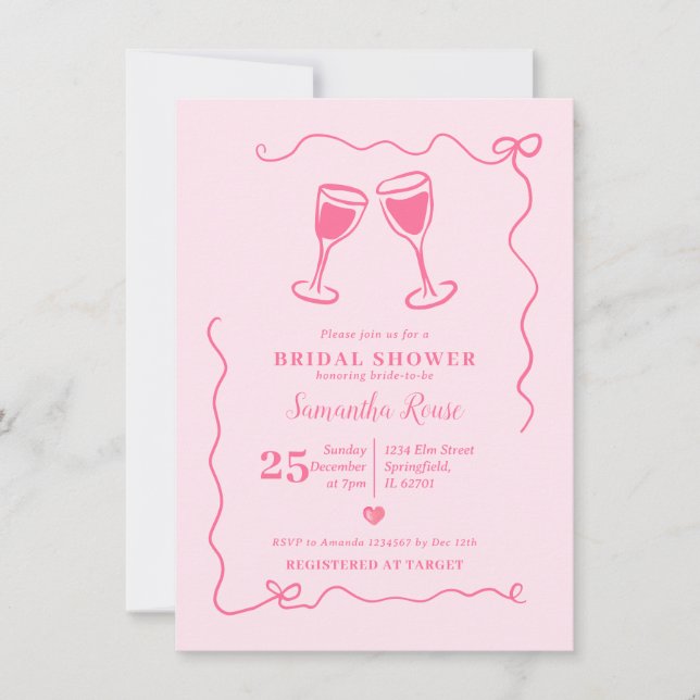 Pink Wine Bridal Shower Valentine with Bow Invitation (Front)