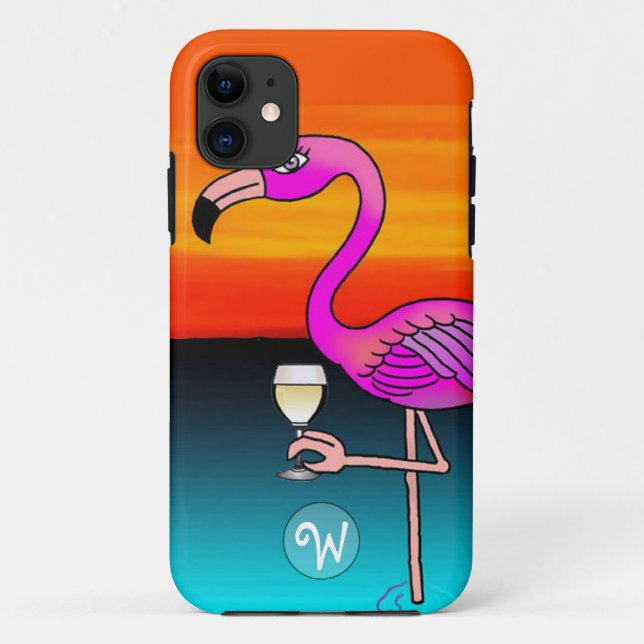 Pink Wine drinking Flamingo Monogrammed Case-Mate iPhone Case (Back)