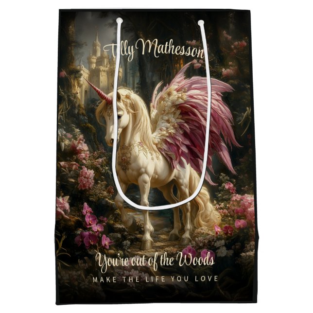 Pink Winged Forest Unicorn Woodland Forest Medium Gift Bag (Back)