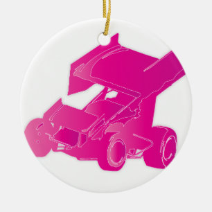 Pink winged sprint car ceramic tree decoration