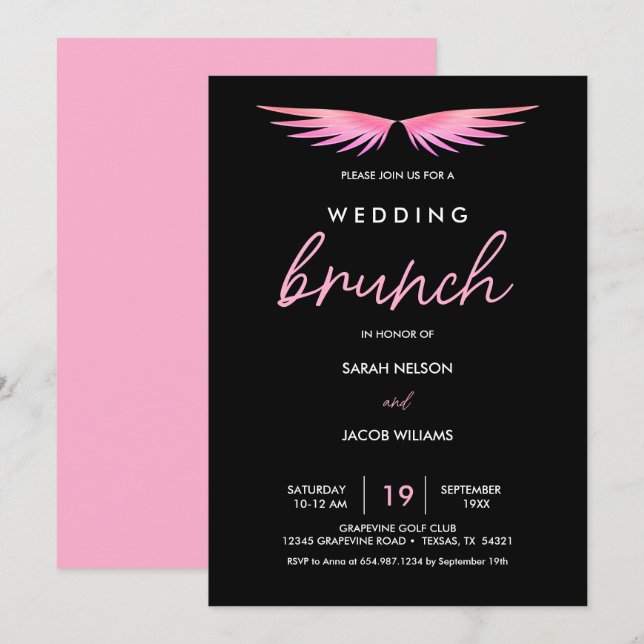 Pink Wings, Black Post Wedding Brunch Invitation (Front/Back)
