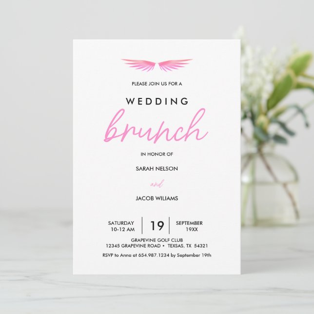 Pink Wings, White Post Wedding Brunch Save The Date (Standing Front)