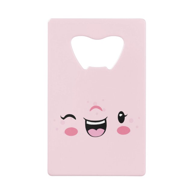 Pink Winking Kawaii Face Credit Card Bottle Opener (Front)