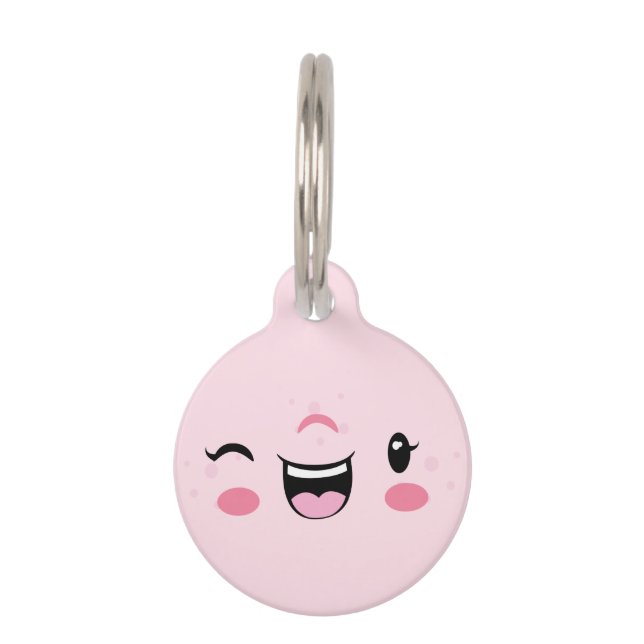 Pink Winking Kawaii Face Dog Tag (Front)