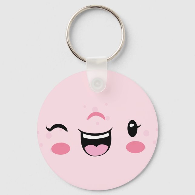 Pink Winking Kawaii Face Keychain (Front)