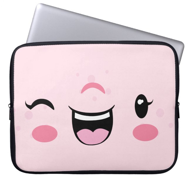 Pink Winking Kawaii Face Laptop Sleeve (Front)