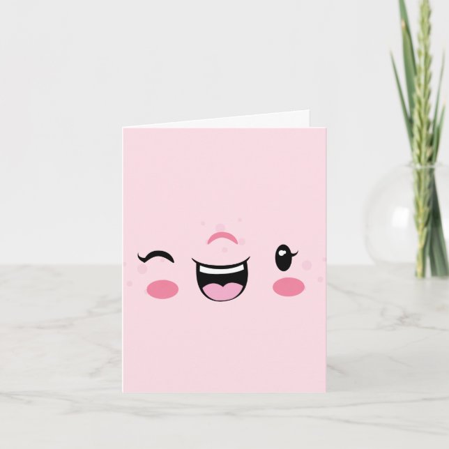 Pink Winking Kawaii Face Note Card (Front)