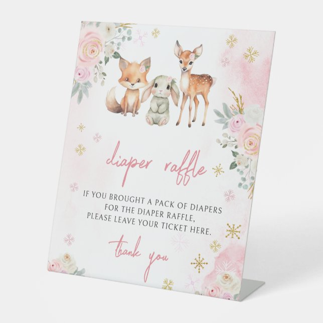 Pink winter animals baby shower diaper raffle sign (Front)