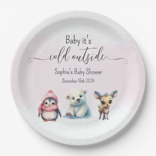 Pink Winter Animals Cold Outside Baby Shower Paper Plate