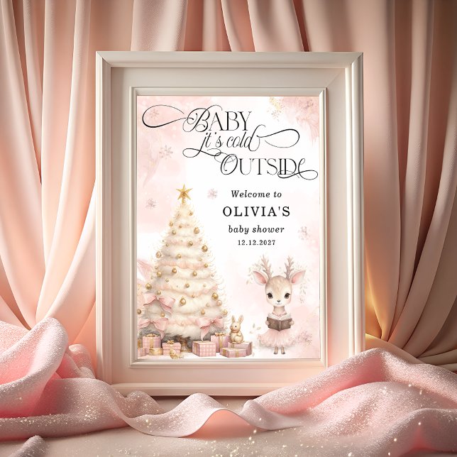 Pink Winter Baby Deer Baby Shower Welcome Poster (Creator Uploaded)