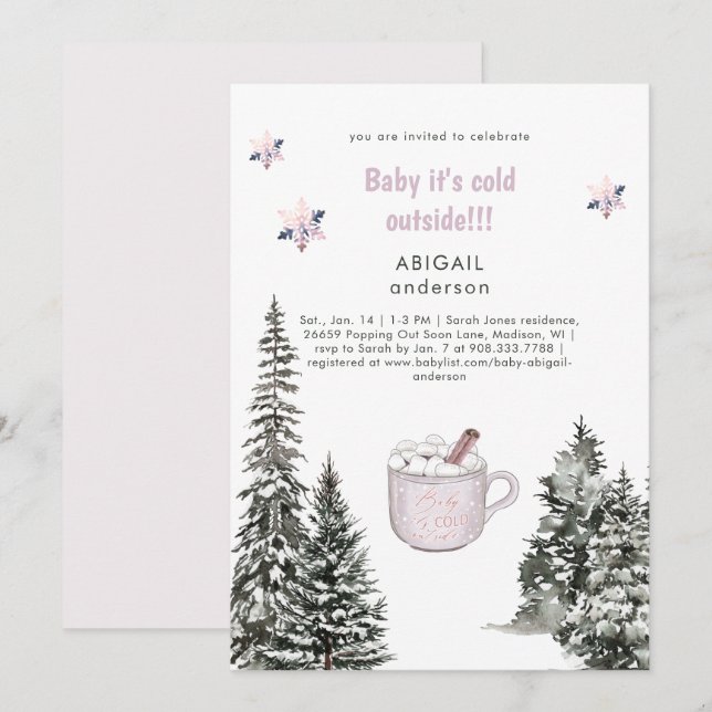 Pink Winter Baby It's Cold Outside Snowy Shower II Invitation (Front/Back)