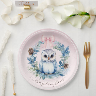 Pink Winter Baby Owl Watercolor Girl Baby Shower Paper Plate