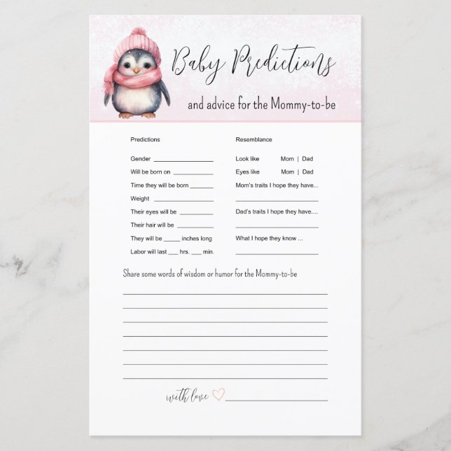 Pink Winter Baby Predictions Baby Shower Game (Front)