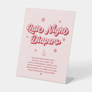 Pink Winter Baby Shower  Late Night Diapers Game Pedestal Sign
