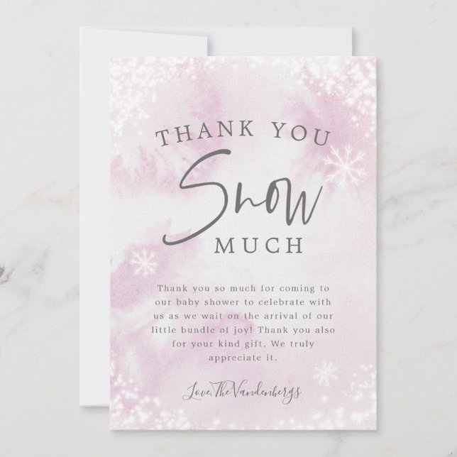 Pink Winter Baby Shower Thank You Snow Much Card (Front)