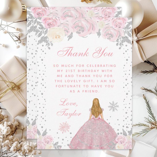 Pink Winter Blonde Hair Princess Birthday Party Thank You Card (Creator Uploaded)