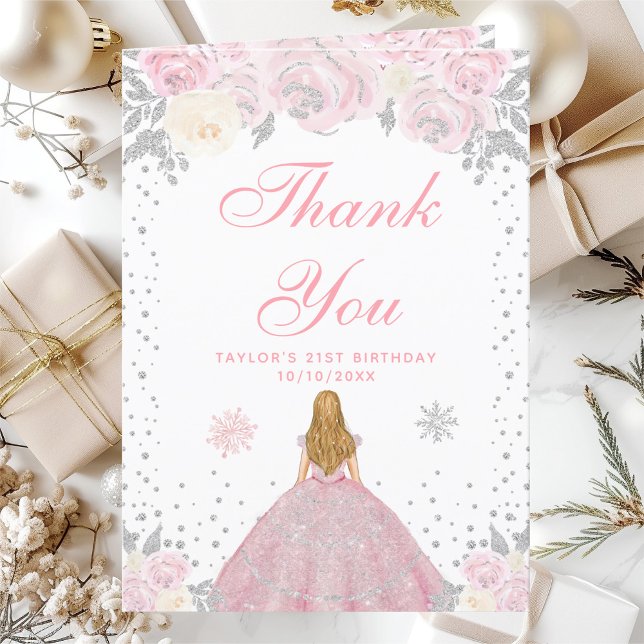 Pink Winter Blonde Hair Princess Birthday Party Thank You Card (Creator Uploaded)