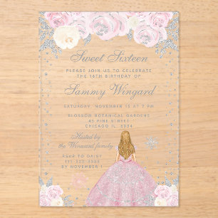 Pink Winter Blonde Hair Princess Sweet Sixteen Acrylic Invitations