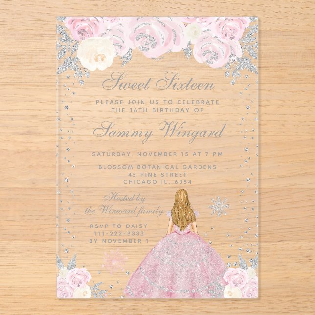 Pink Winter Blonde Hair Princess Sweet Sixteen Acrylic Invitations (Front)