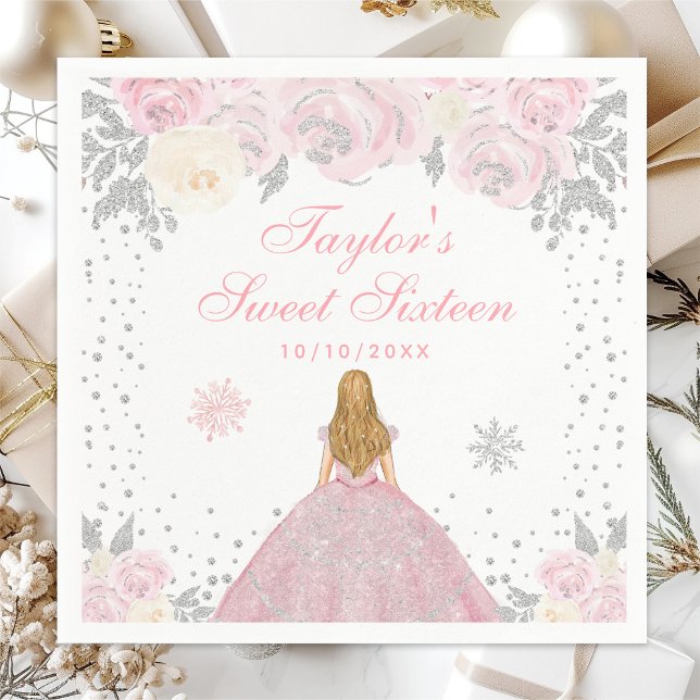 Pink Winter Blonde Hair Princess Sweet Sixteen Napkin (Creator Uploaded)