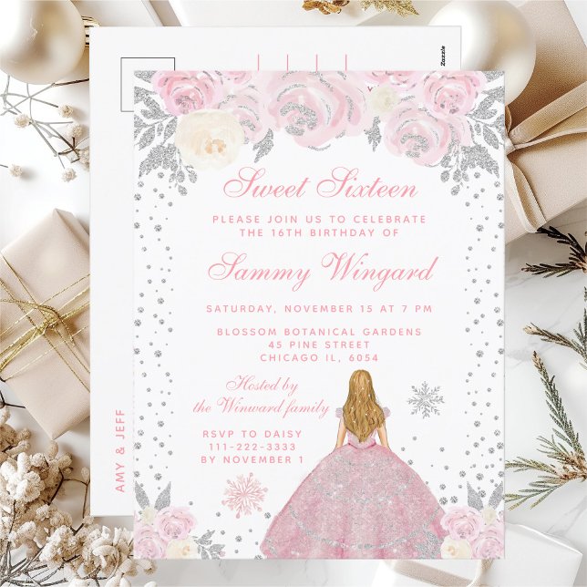 Pink Winter Blonde Hair Princess Sweet Sixteen Postcard (Creator Uploaded)