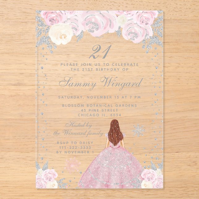Pink Winter Brown Hair Princess Birthday Party Acrylic Invitations (Front)