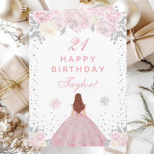 Pink Winter Brown Hair Princess Birthday Party Card