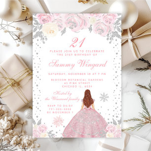 Pink Winter Brown Hair Princess Birthday Party Invitation