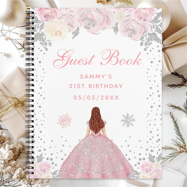Pink Winter Brown Hair Princess Birthday Party Notebook (Creator Uploaded)
