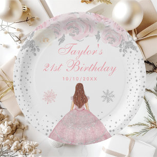 Pink Winter Brown Hair Princess Birthday Party Paper Plate