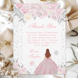 Pink Winter Brown Hair Princess Birthday Party Thank You Card