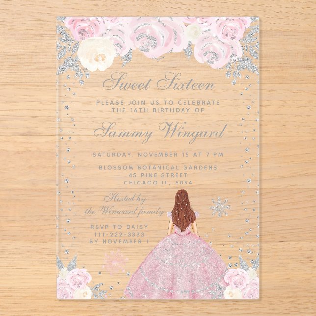 Pink Winter Brown Hair Princess Sweet Sixteen Acrylic Invitations (Front)