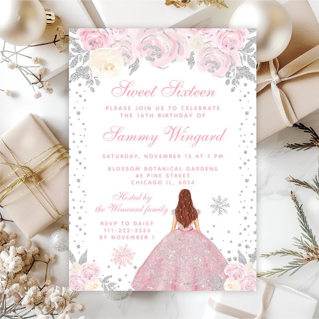 Pink Winter Brown Hair Princess Sweet Sixteen Invitation (Creator Uploaded)