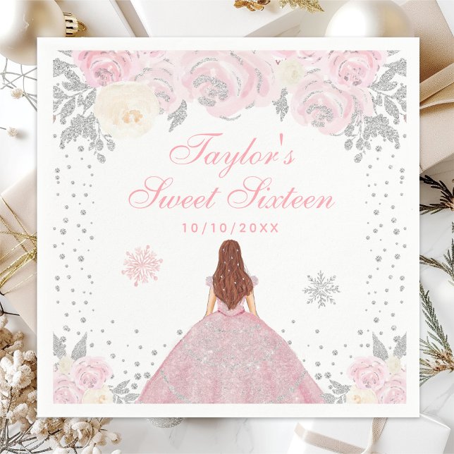 Pink Winter Brown Hair Princess Sweet Sixteen Napkin (Creator Uploaded)