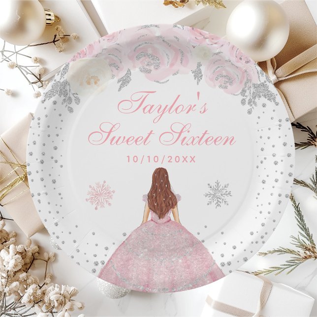 Pink Winter Brown Hair Princess Sweet Sixteen Paper Plate (Creator Uploaded)