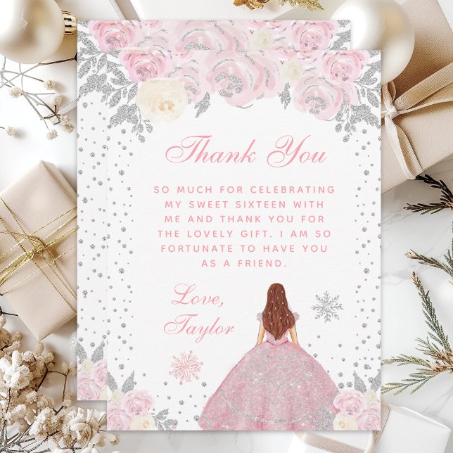 Pink Winter Brown Hair Princess Sweet Sixteen Thank You Card (Creator Uploaded)