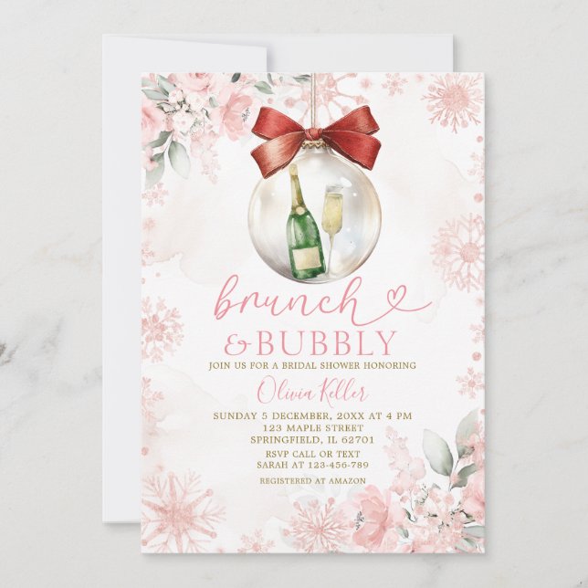 Pink Winter Brunch & Bubbly Bridal Shower  Invitation (Front)