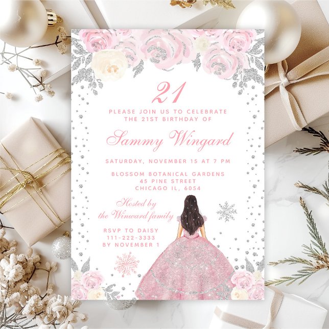 Pink Winter Brunette Hair Princess Birthday Party Invitation (Creator Uploaded)