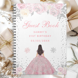 Pink Winter Brunette Hair Princess Birthday Party Notebook