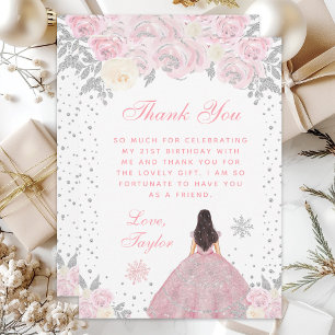 Pink Winter Brunette Hair Princess Birthday Party Thank You Card