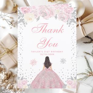 Pink Winter Brunette Hair Princess Birthday Party Thank You Card