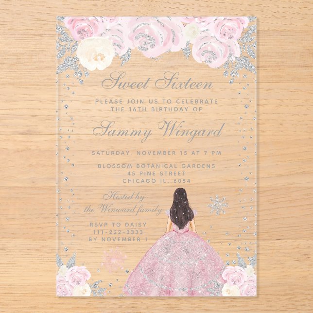 Pink Winter Brunette Hair Princess Sweet Sixteen Acrylic Invitations (Front)