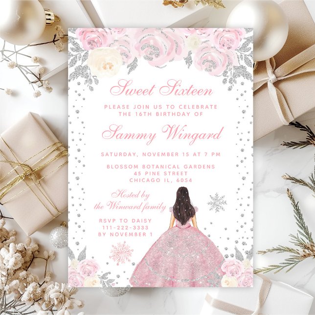 Pink Winter Brunette Hair Princess Sweet Sixteen Invitation (Creator Uploaded)