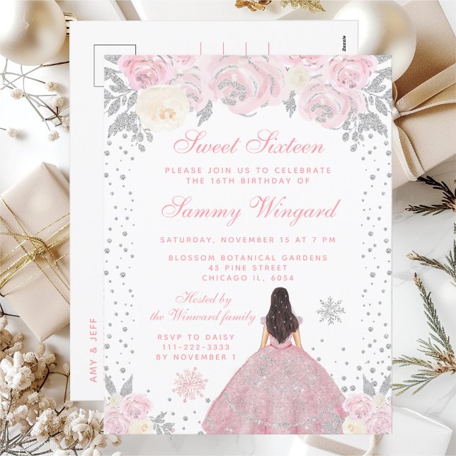Pink Winter Brunette Hair Princess Sweet Sixteen Postcard (Creator Uploaded)