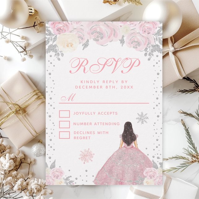 Pink Winter Brunette Hair Princess Sweet Sixteen RSVP Card (Creator Uploaded)