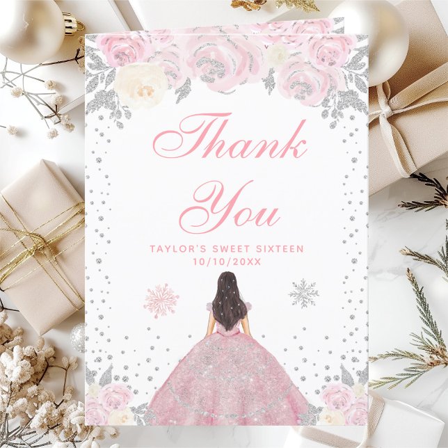 Pink Winter Brunette Hair Princess Sweet Sixteen Thank You Card (Creator Uploaded)
