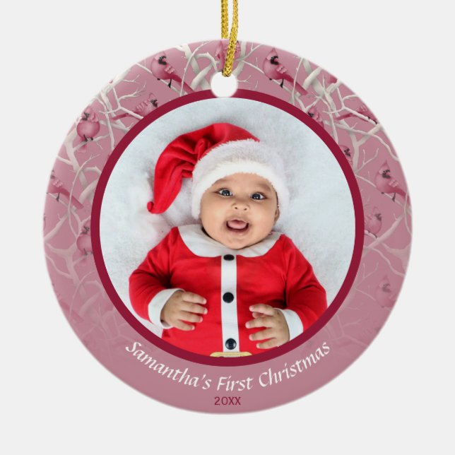 Pink Winter Cardinal Baby Personalised Photo Ceramic Tree Decoration (Front)
